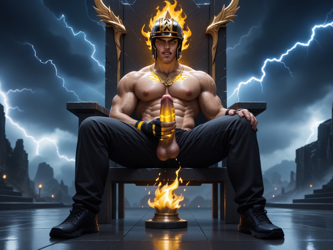 Cumming, Thunderbolt In One Hand, Electric Dildo Cumshot On Floor AI Gay Porn