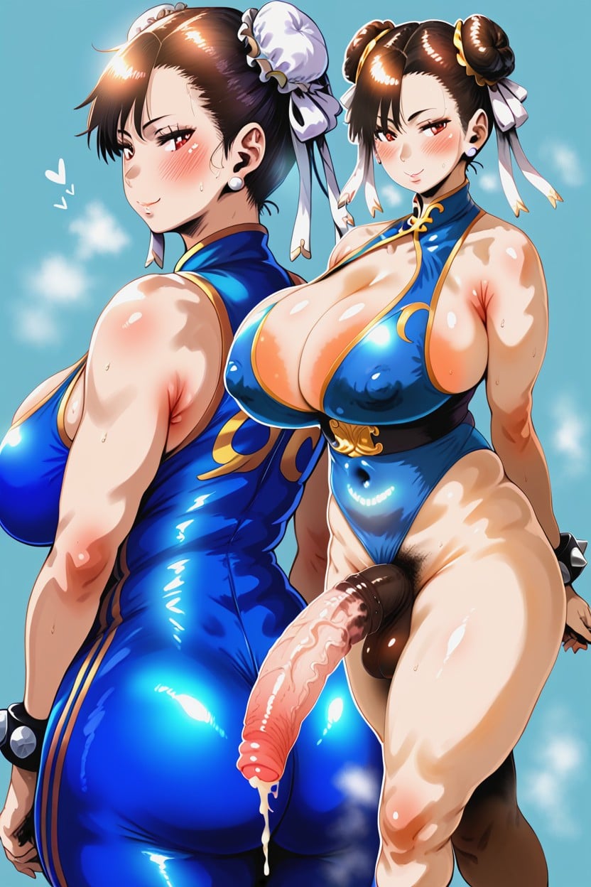 Looks At The Viewer, Classic Blue Latex Suit, Rear View Shemale AI Porn