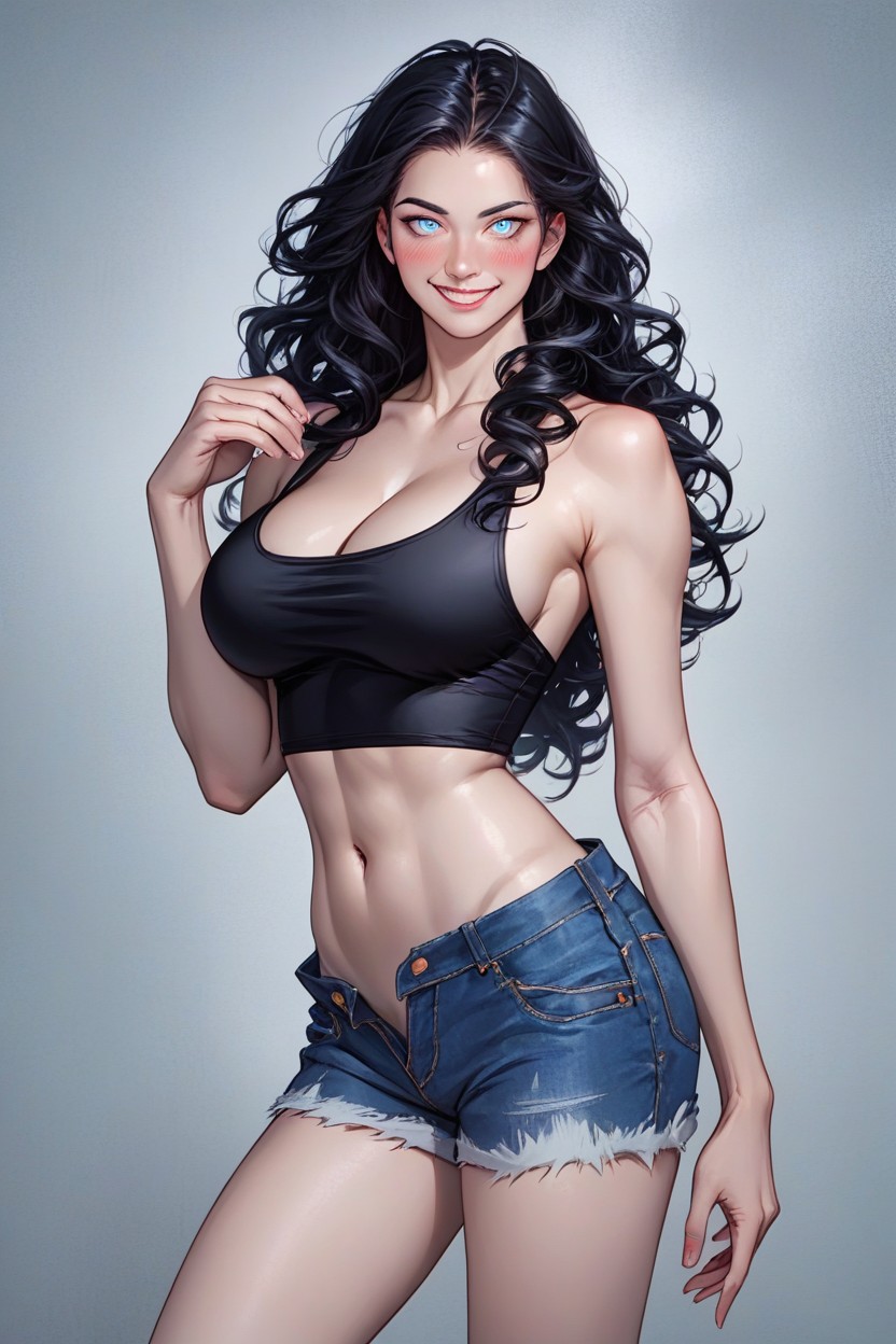 Model, Blushing, Low Rise Denim Shorts Hentai AI Porn