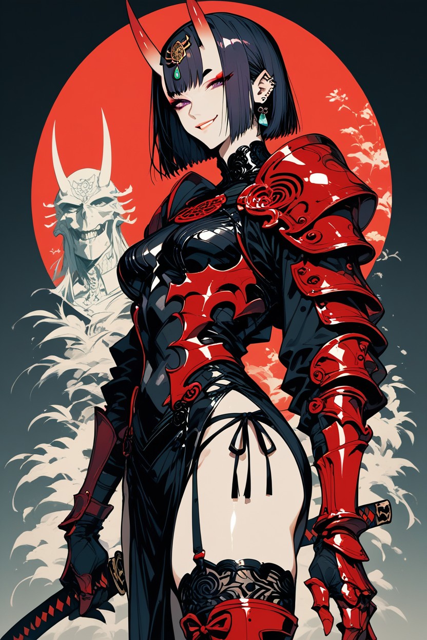 Armor, Earrings, Purple Eyes Hentai AI Porn