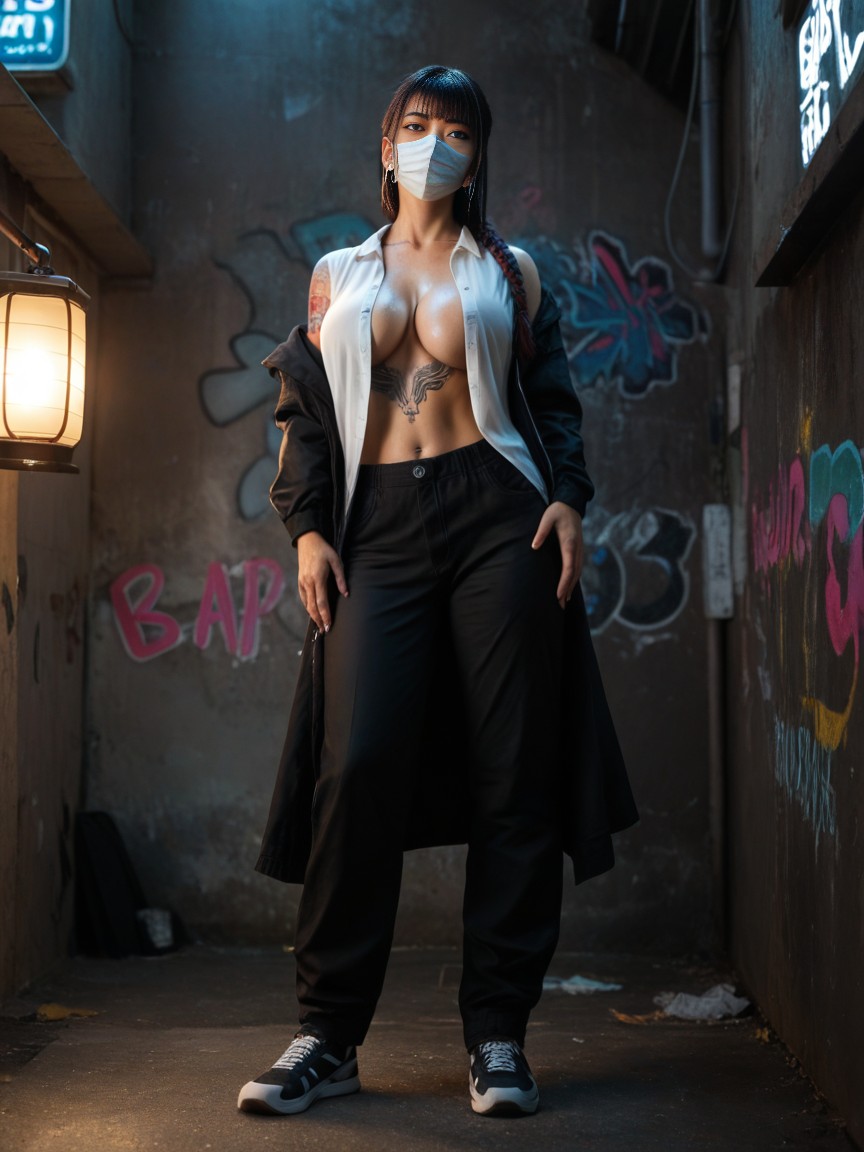 White Concrete Wall Background, Open Clothes, Hood On Head AI Porn