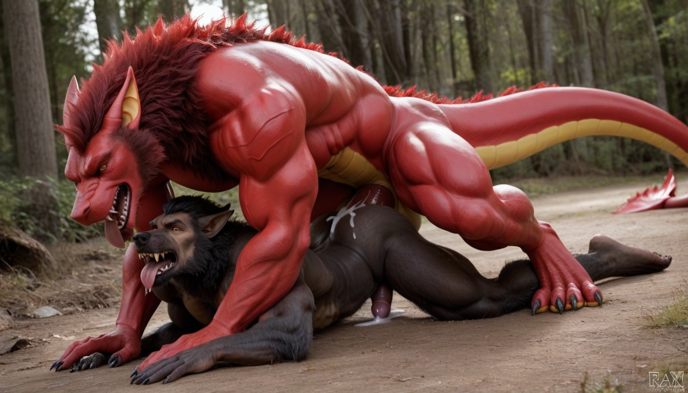 Photorealistic Style, Gigantic Red Dragon Kneelig Above The Werewolf, Dragon Fuck Werewolf In The Ground Porno gay IA