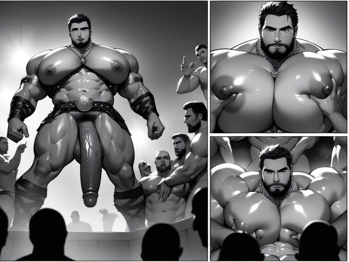 Hyper Muscular Bara Pecs Squeezed, Gladiateur, Saisir Les Seins Porno IA Gay