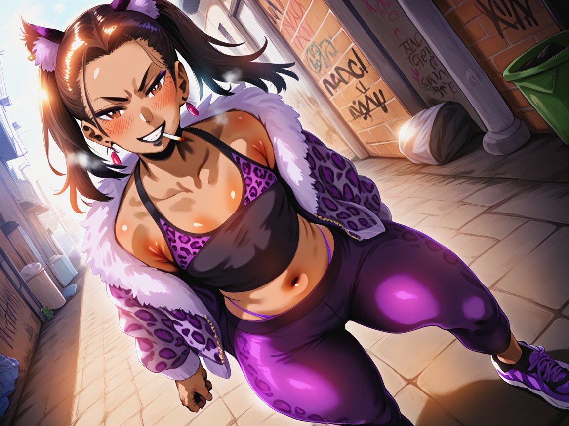 Rounded Ass, Purple Leopard Print Jacket, Cigarette In Mouth Hentai AI Porn