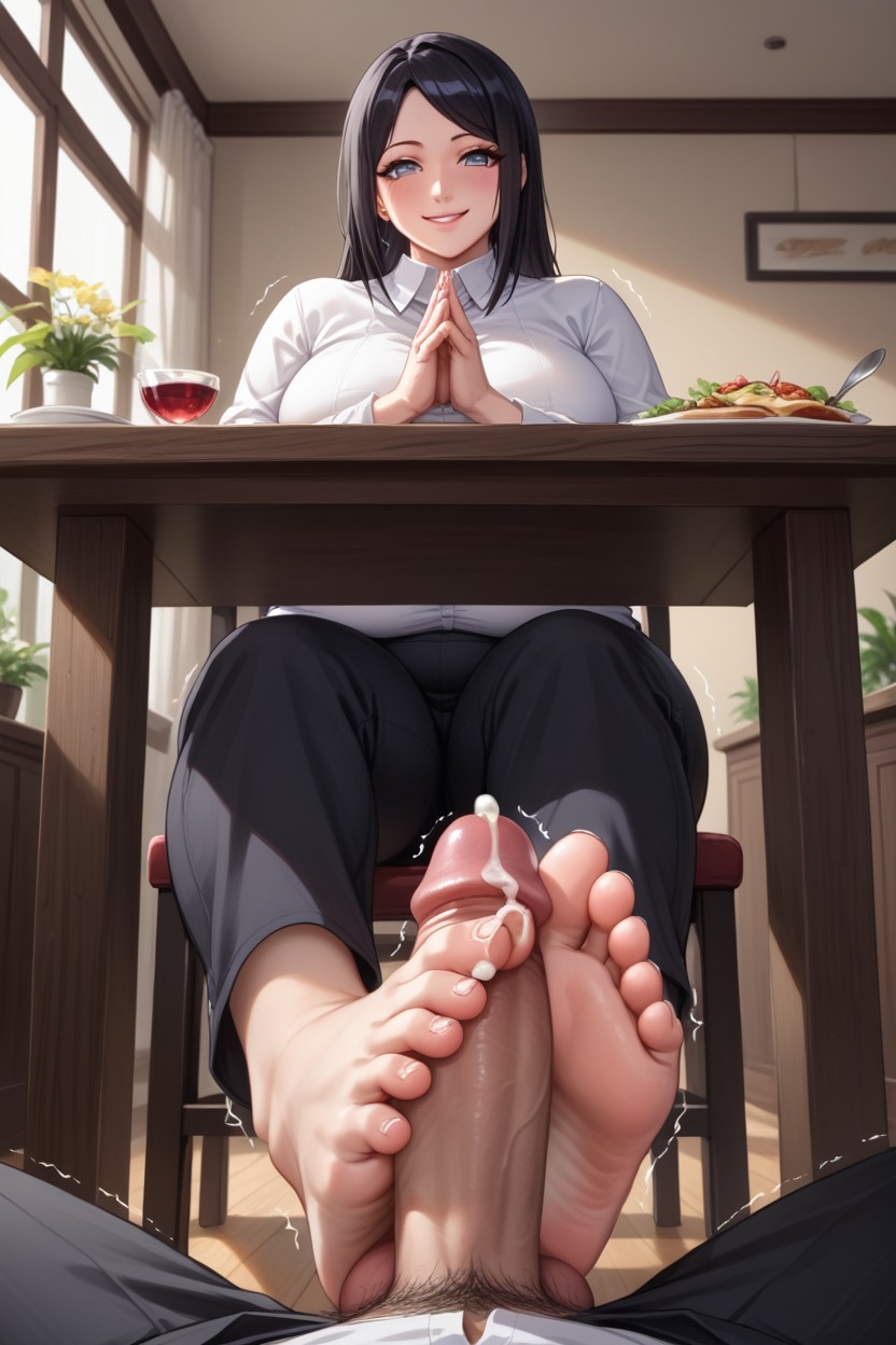Secretly Massaging His Lap With Her Feet Under Table, Fishnets, Trembling Man AI Porn
