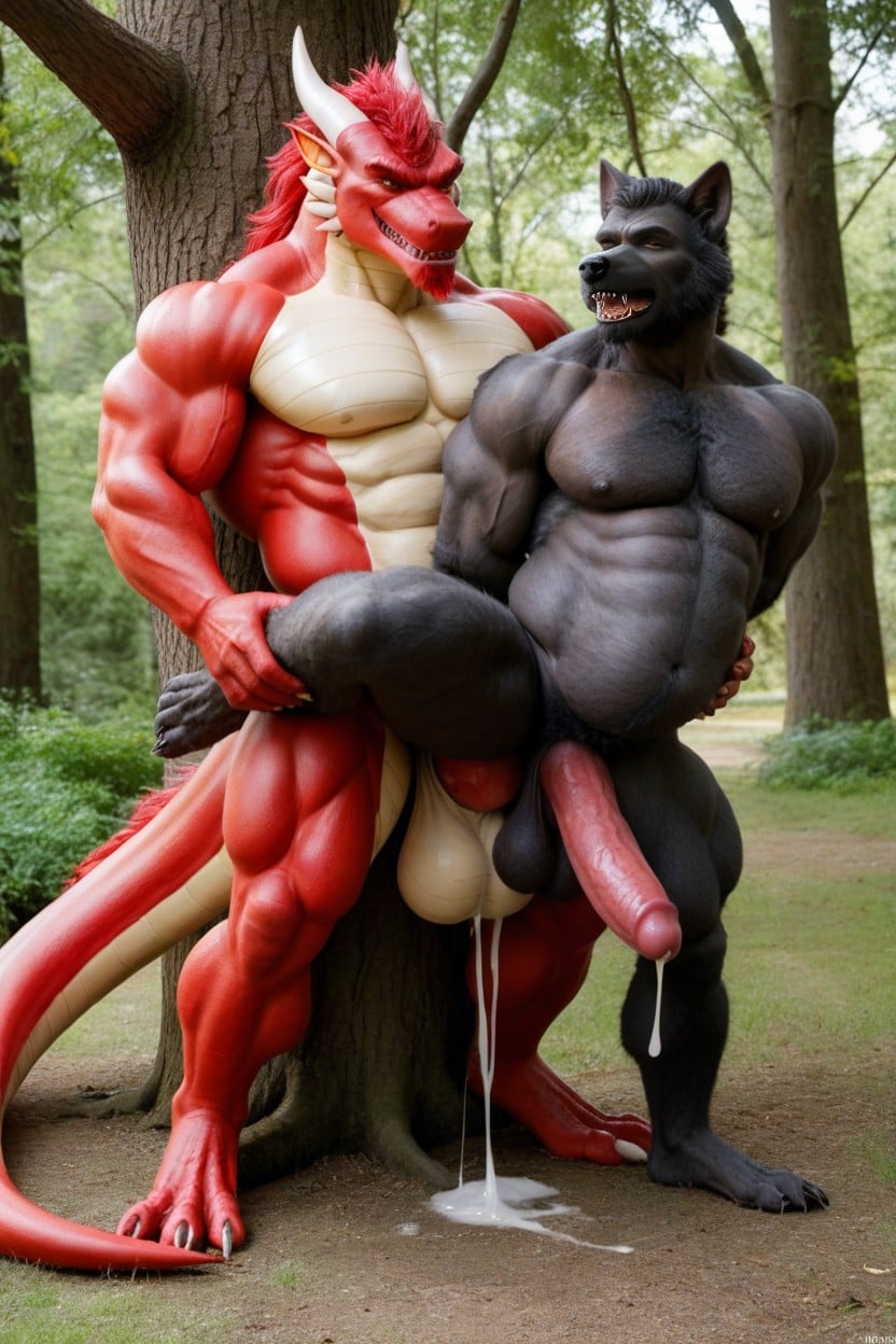 Gigantic Red Dragon Standing Behind The Werewolf, Long Shot, Hyper Gigantic Red Dragon Has A Giant Cock Porno gay IA