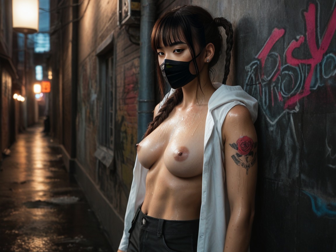 Unbuttoned, Red Ribbon, Wet Hair AI Porn