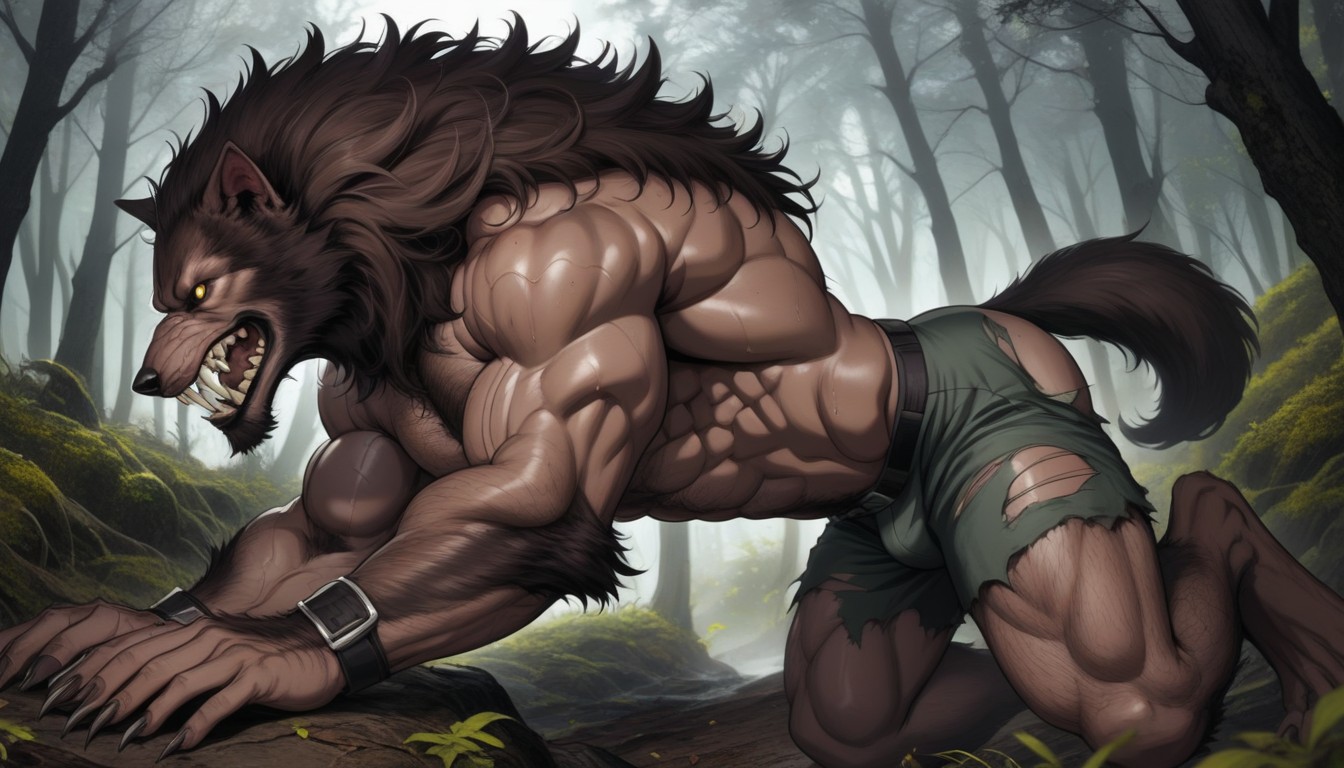 A Monstrous Hairy Like Werewolf, Vista Lateral, Primer Plano Porno gay IA