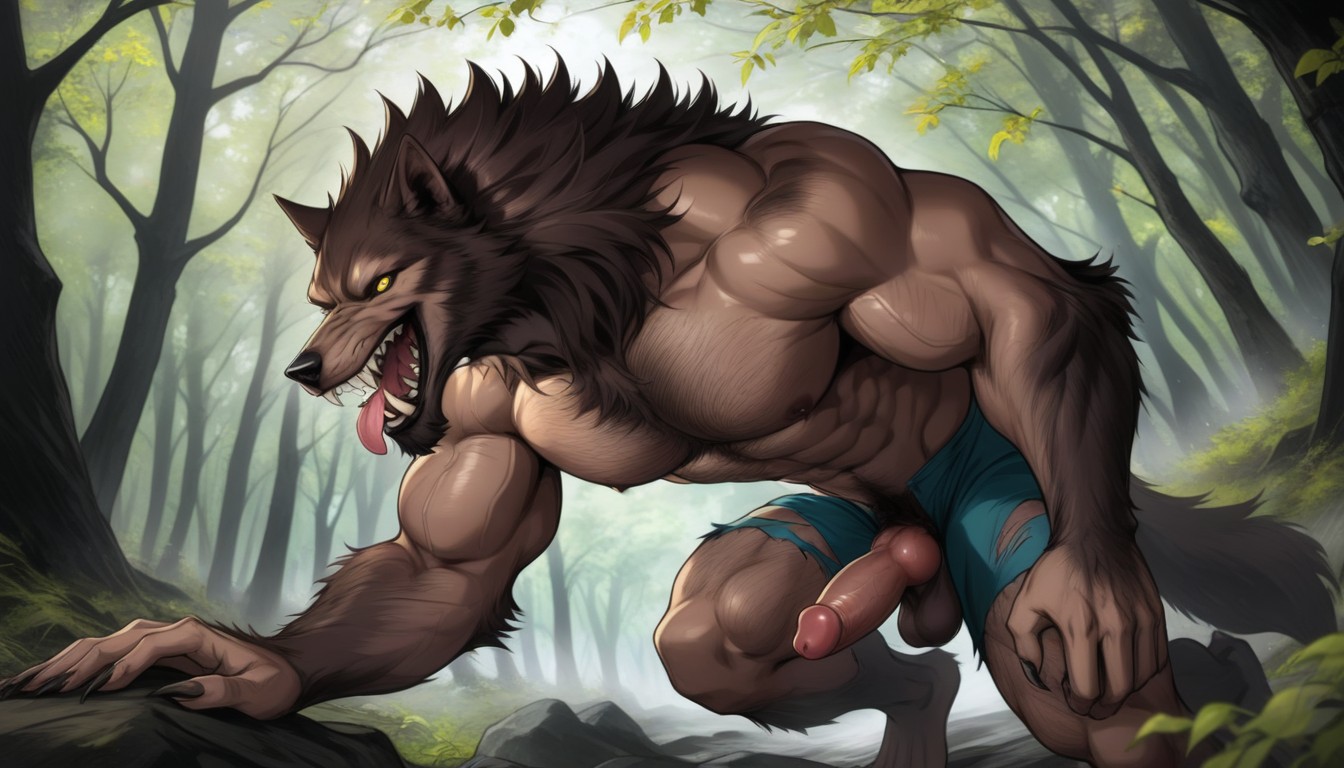 Werewolf Large Hair Covered Chest Muscles, Poils Pubiens, Tirer La Langue Porno IA Gay