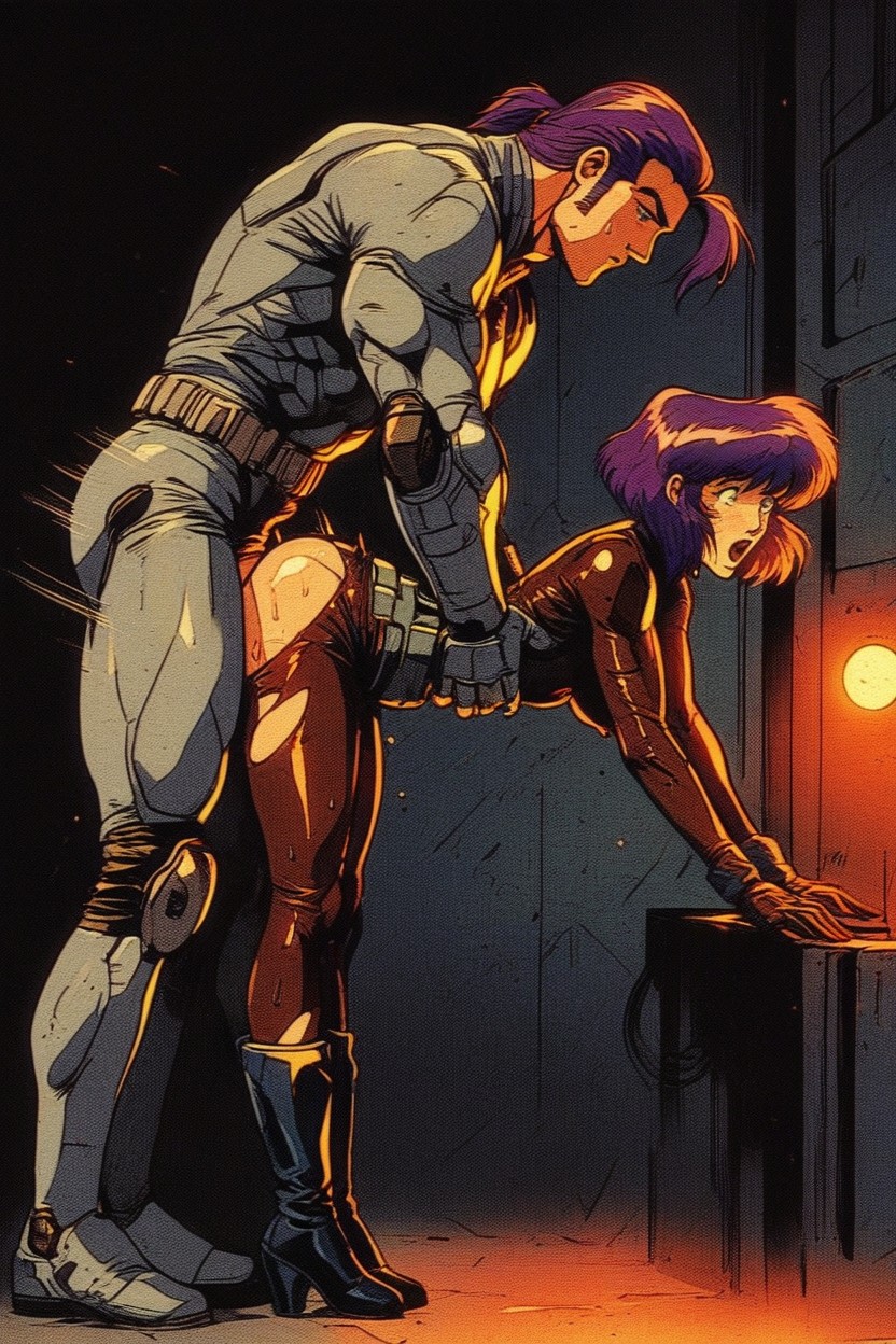 Purple Hair, Muscular Man Much Bigger Than Woman, Sweaty AI Porn