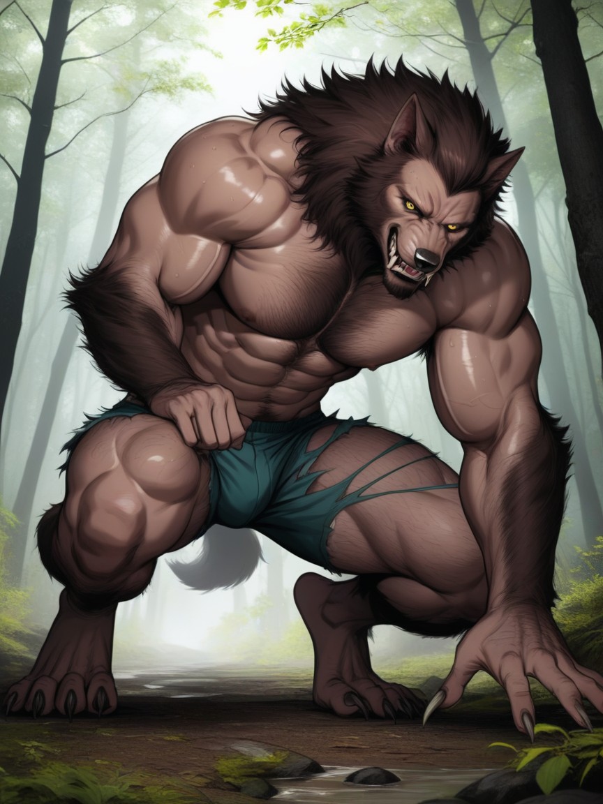 Werewolf Sweating, Werewolf Sweaty, Vêtements Déchirés Porno IA Gay