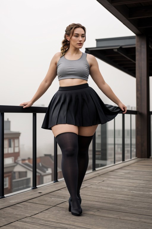 With Knee High Socks And Fashionable High Heels, Outdoors, Braided AI Porn