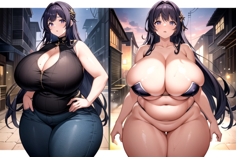 Hyper Fat Thick Curvy Fuller Figured Asian American College Woman, Cleavage, Gothic Hentai AI Porn