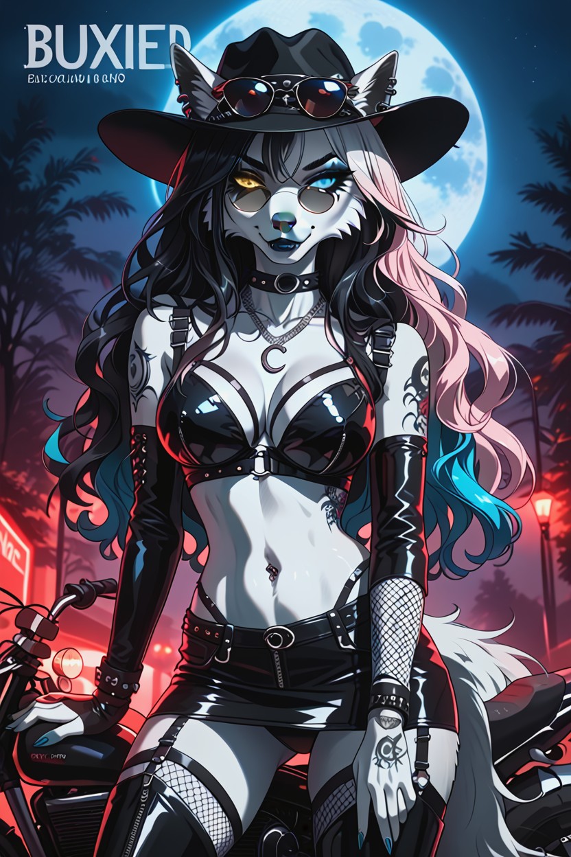 Long Length, At A Driveway, Fishnet Arm Sleeves Furry AI Porn
