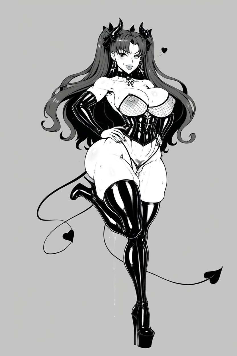 High Ponytail, Rin Tohsaka, Black And White Line Art AI Porn