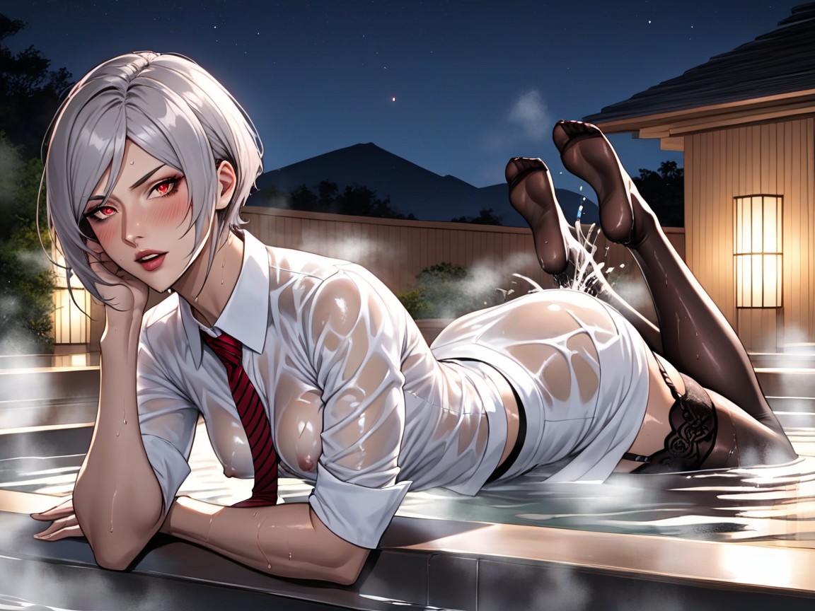 Full Body Shot, Extremely Oiled Body, Silver Hair Hentai AI Porn