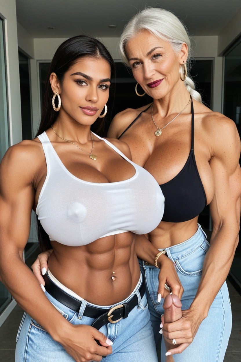 Aschfarbenes Haar, Black Lipstick, Jeans Transfrau KI-Porno