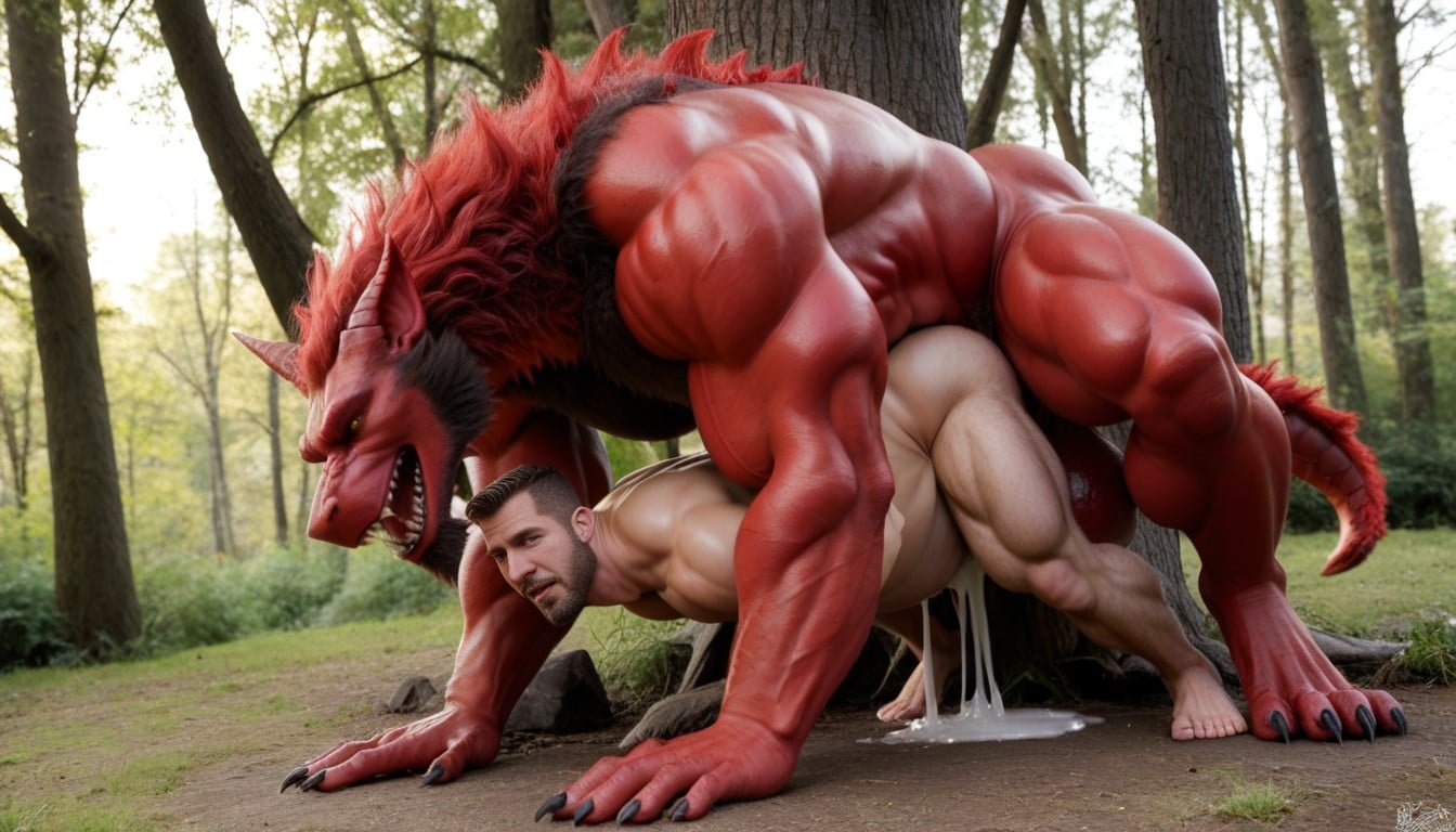 18+, Belly Bulge, Red Muscular Dragon Is Gigantic Bigger Than Muscular Werewolf AI Gay Porn