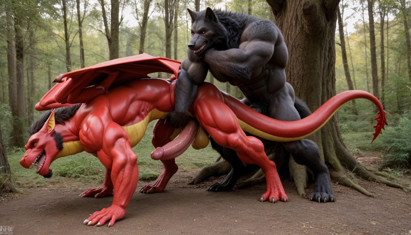 Hdr, Side View, Hyper Gigantic Red Dragon Dominates Furry Werewolf AI Gay Porn