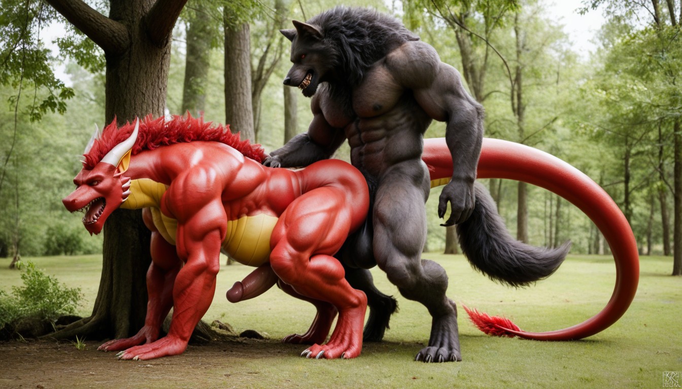 18+, Werewolf Pressed Hard To The Tree By The Red Dragon, Soft Sunlight From Above Porno IA Gay