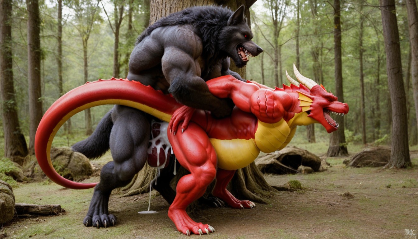 Werewolf Pressed Hard To The Tree By The Red Dragon, Extreme Hyper Creampie, Full View Porno IA Gay