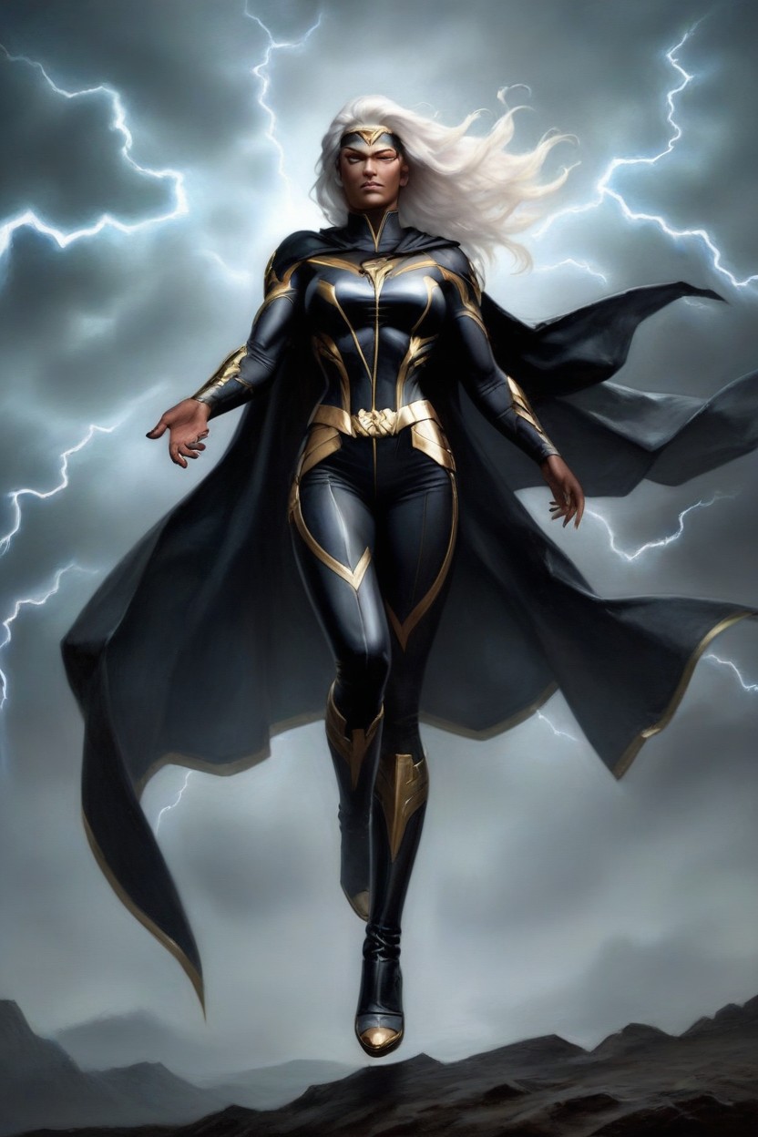 Lightning Between Fingers, Black Cape Attached To Wrists, High Detail AI Porn