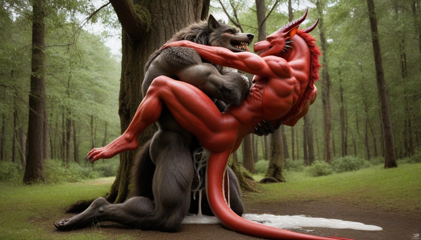Werewolf Pressed Hard Against Tree, Gigantic Red Dragon Standing Behind The Werewolf, Hdr Porno IA Gay