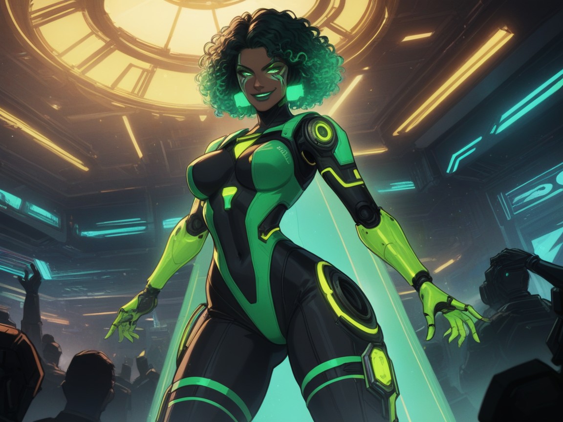 Dark Ebony Skin, Neon Green Monocle, Squared Torso Porno latina IA