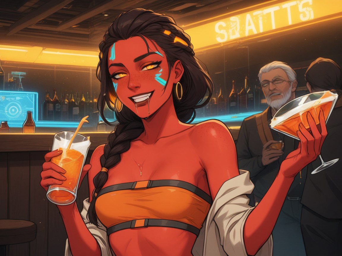 Close Set Breasts, Neon Color Palettes, Drink Spilling On Woman Latina AI Porn