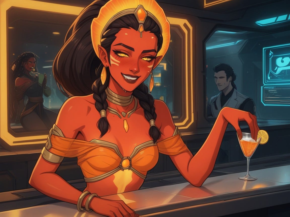 Bar Scene, Copper Red Skin, Orange Harness Wraps Latina AI Porn