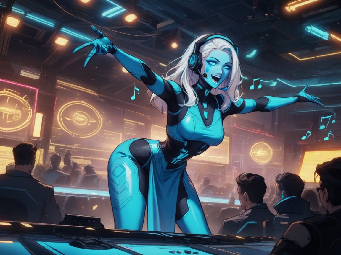 Arms Spread, Neon Blue Stage Lights And Spotlight, Pixie Hair Latina AI Porn