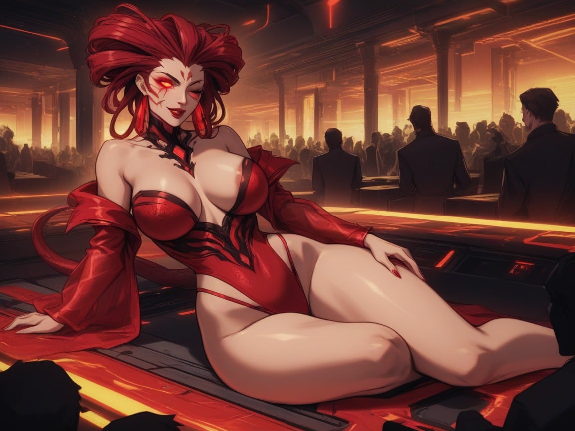 Red Body Paint, Gigantic Red Snake Around Woman, Breast Implants Latina AI Porn
