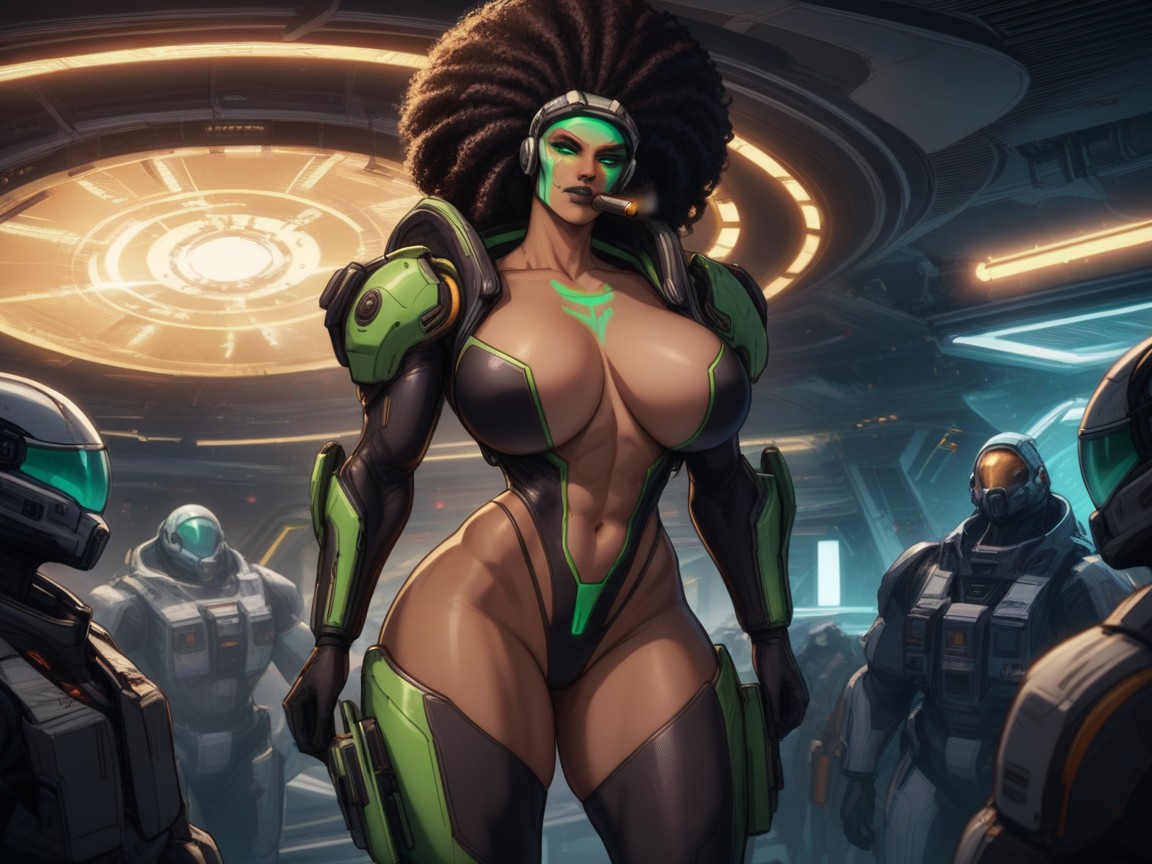 Wearing Camouflage Alien Clothes, Alien Face Paint, Bouncer Latina AI Porn