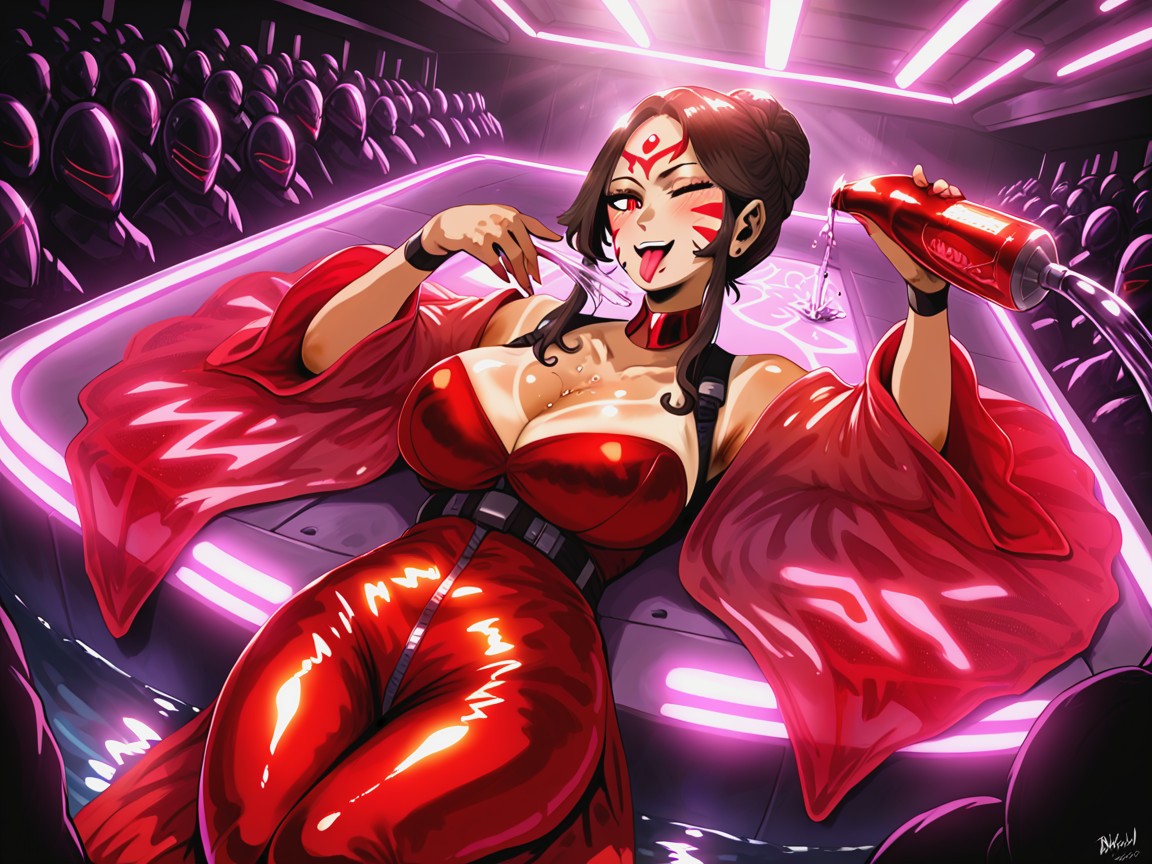 Luxurious Scene, Wearing Red Snake Print Alien Clothes, Water Pouring From Above Hentai AI Porn