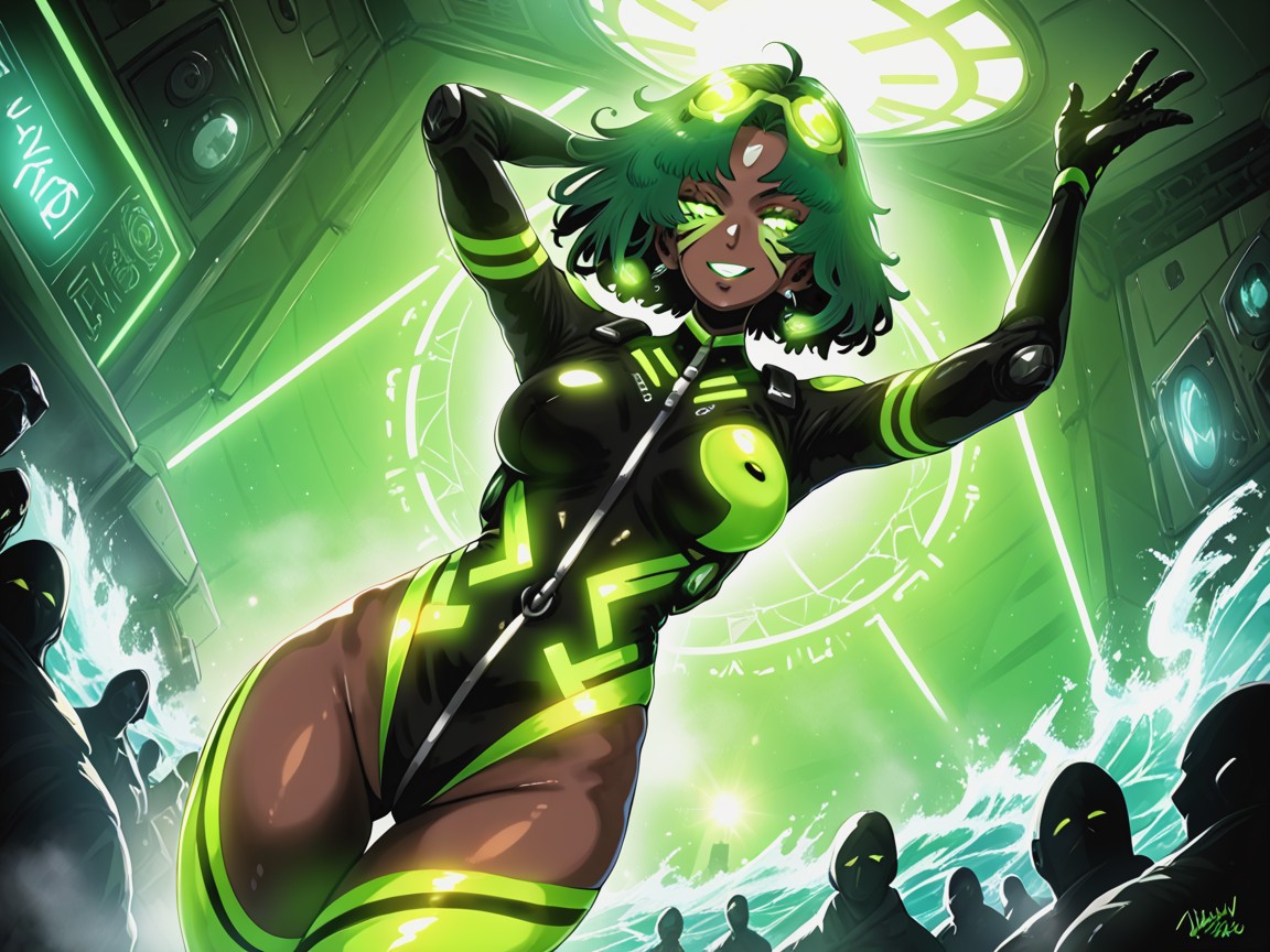 Skinny, One Cybernetic Woman, Neon Green Sound Waves Hentai AI Porn