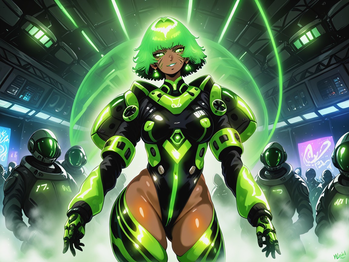 Squared Shoulders, Neon Green Monocle, Dance Party Background Scene Hentai AI Porn