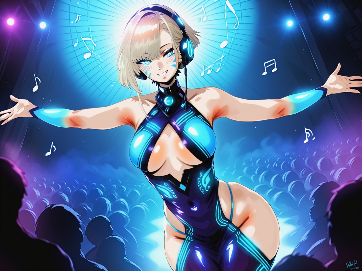 High Color Contrast, Neon Blue Light Reactive Sequin Dress, Neon Color Palettes Hentai AI Porn