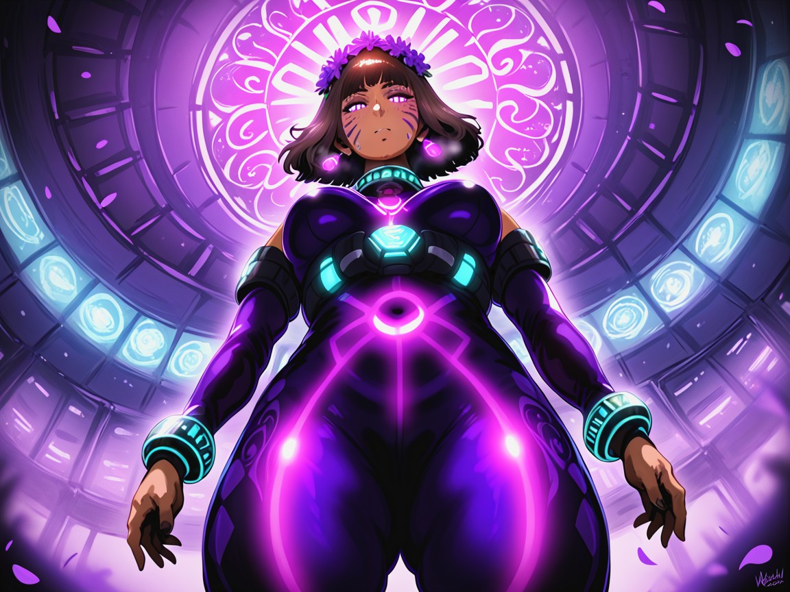 Bottom Up, Glowing Neon Purple Bead Necklace, Natural Breasts Hentai AI Porn