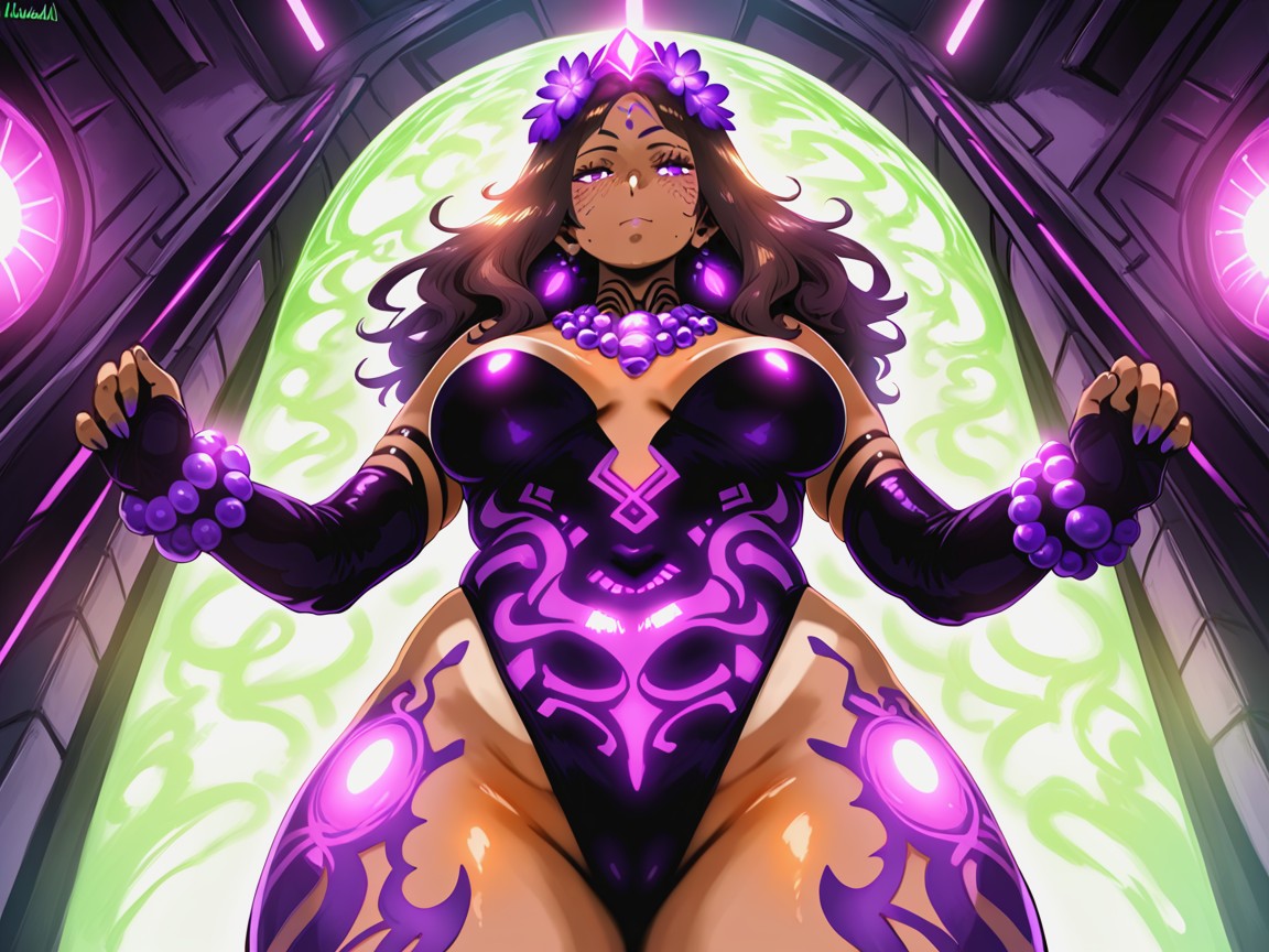 Neon Purple Energy Surge, Vibrant Saturated Colors, Wearing Purple Floral Print Alien Clothes Hentai AI Porn