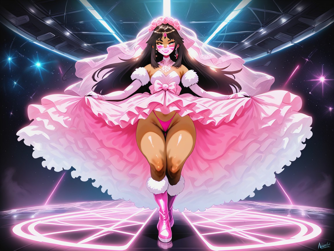 Floating Wedding Dress Train, Sheer Pink Wedding Veil, Pink Alien Face Paint Hentai AI Porn
