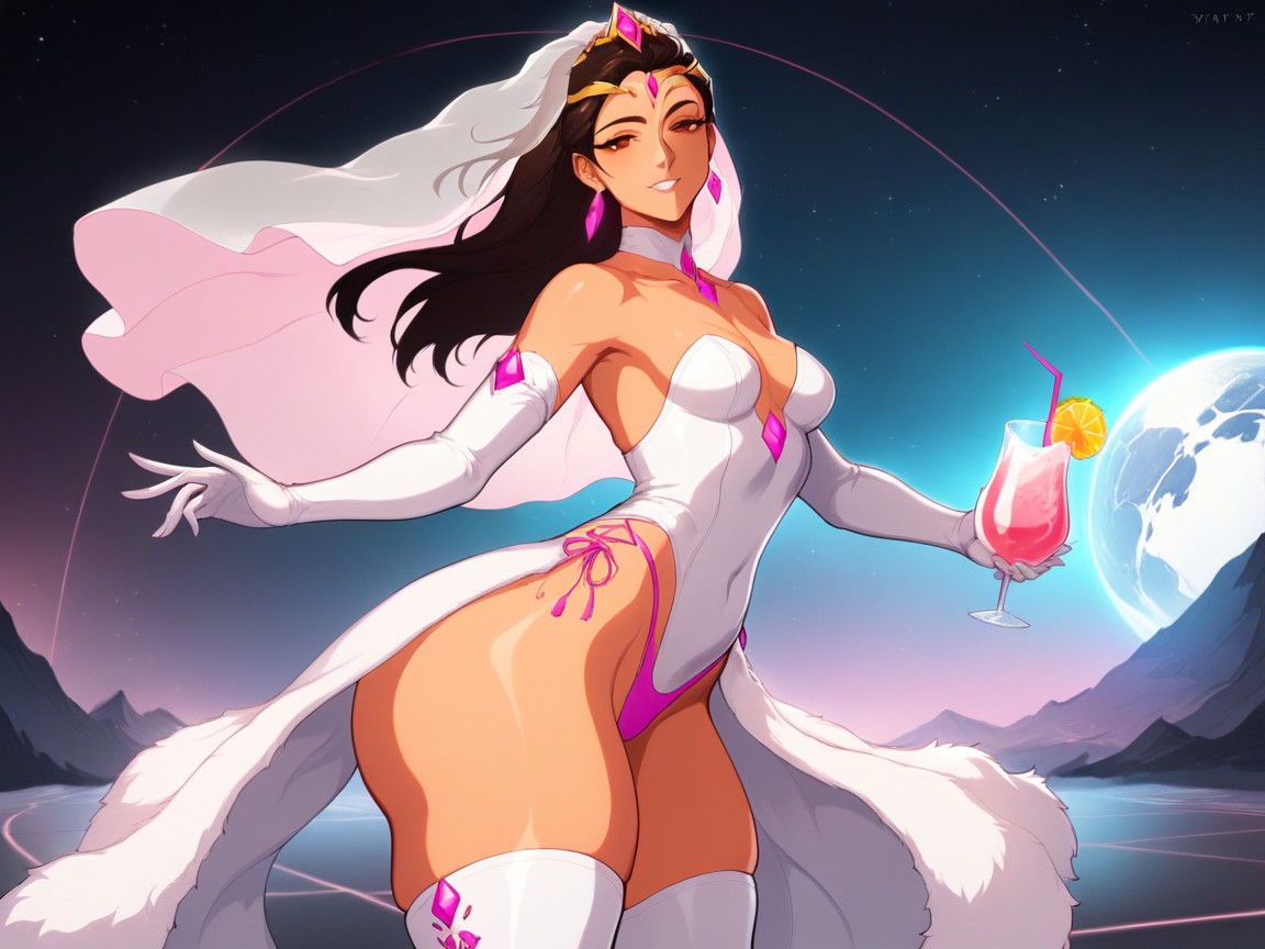 Woman Holding Neon Pink Drink, Bokeh, Galactic Aristocracy AI Porn