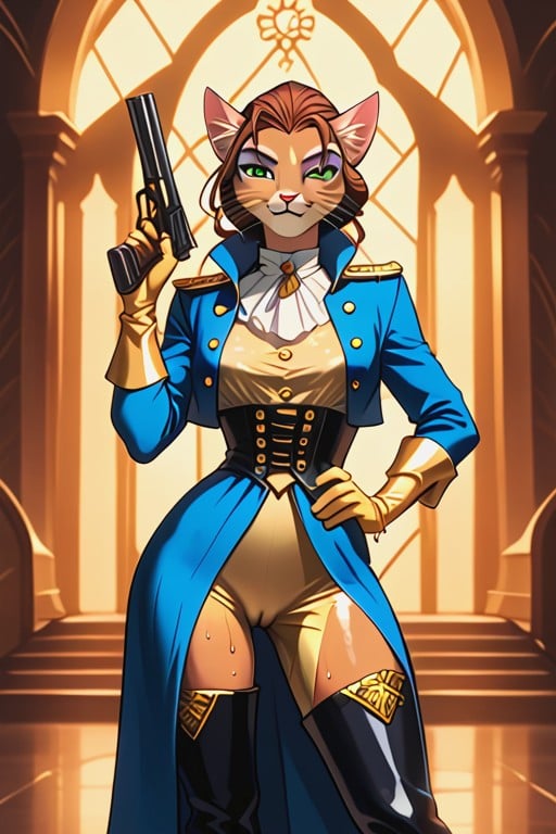 Cat Ears, Blue Captains Hat With Gold Trims, Skinny Furry AI Porn