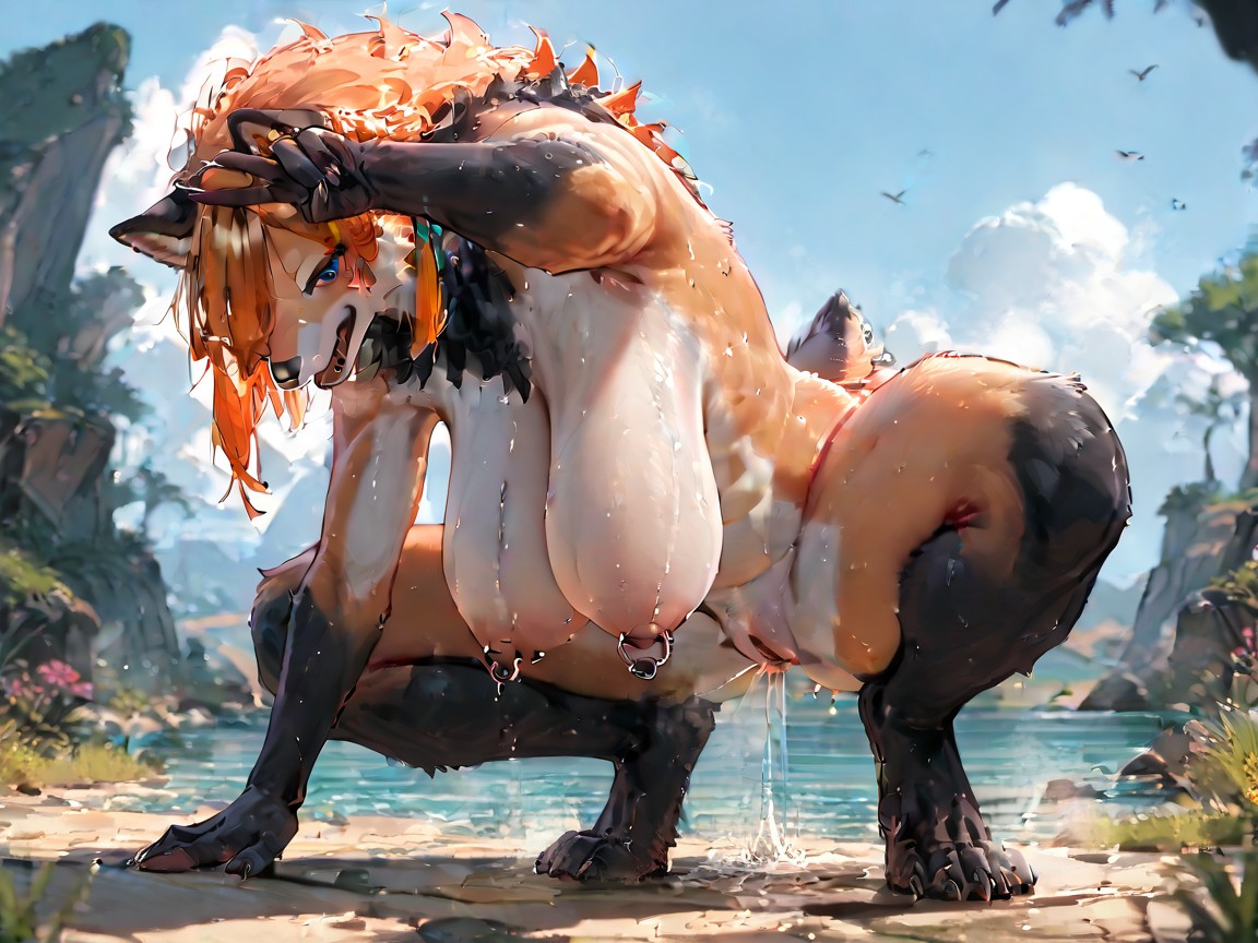 Orange Body Fur, Big Blue Eyes, Rear View Furry AI Porn