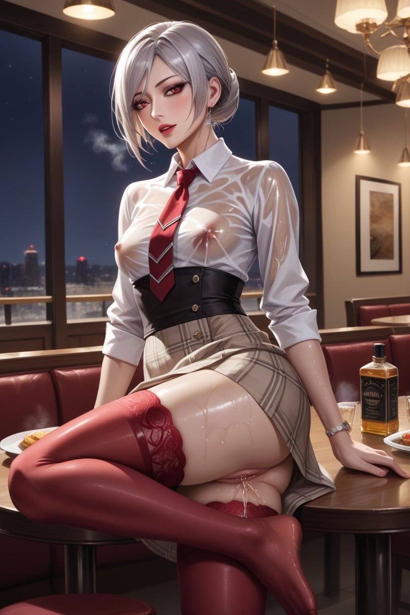 Realistic, Food Spread On Restaurant Table, Window With View Hentai AI Porn