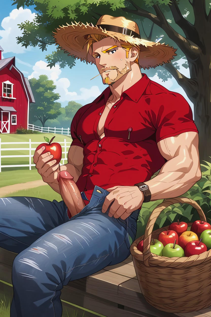 Straw In His Mouth And Unbuttoned Red Shirt On His Muscular Body, In Unzipped Denim Jeans Where Fat Penis Shows Out, Holds One Apple In His Hairy Hand With Light Bodyhair Pornografia gay com IA