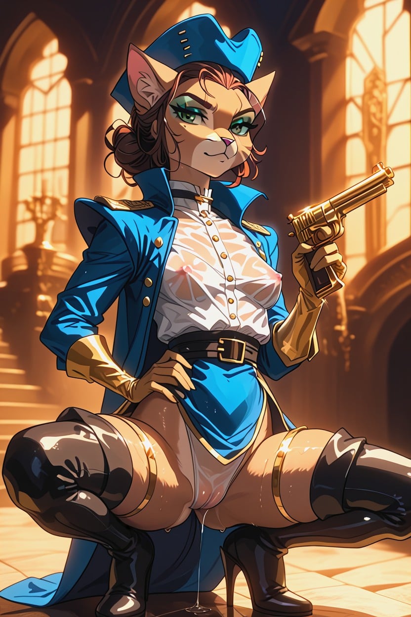 Crotch Window, Blue Captains Hat With Gold Trims, 1 Person Furry AI Porn