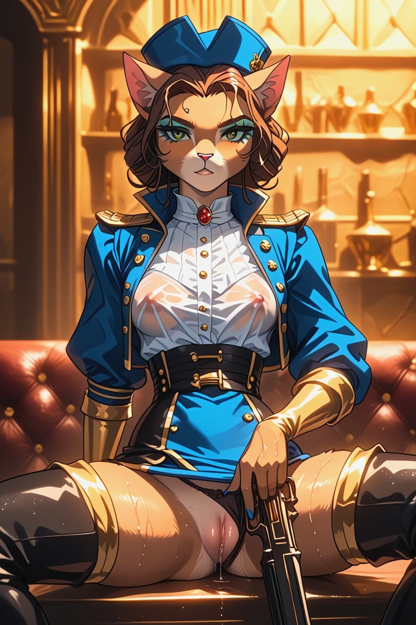 Blue Captains Hat With Gold Trims, Hand On Hip, Pussyjuice Streaming Out Furry IA