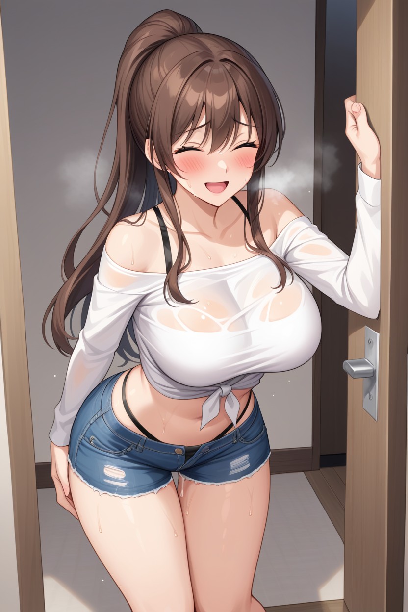 Bend Down And Use One Hand To Hold Own Knee, Embarrassed Smile, Whole Body Covered With Sweat AI Porn