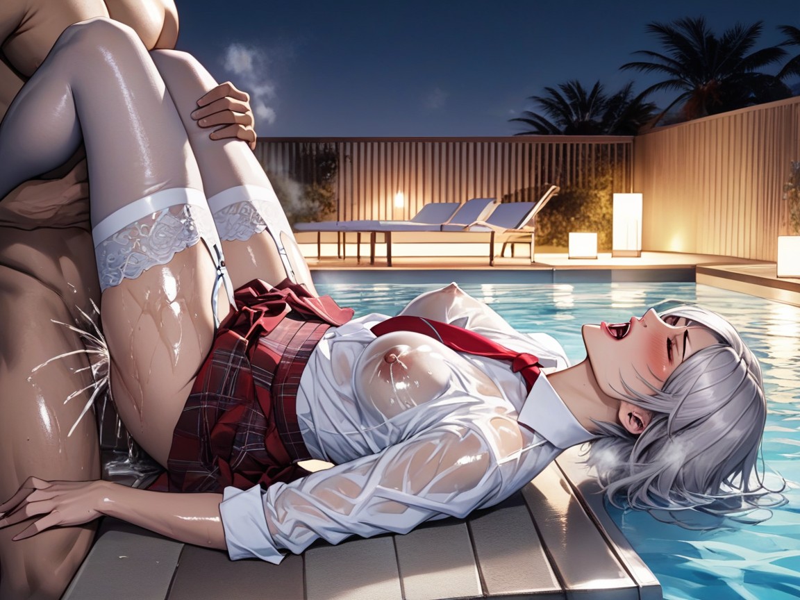 Striped Red Tie With Blue Stripes, Red Lace Stockings, Open Clothes Hentai AI Porn
