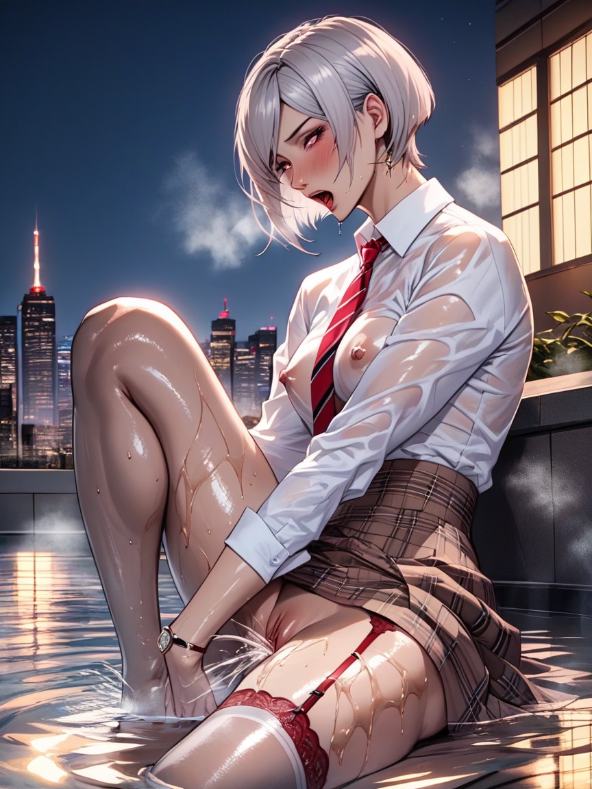 Uniform White Shirt, Cityscape Panorama In Background, Realistic Hentai AI Porn